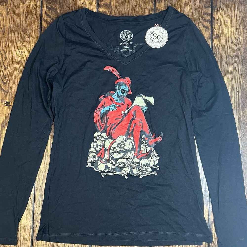 Vintage Y2K Skull Devil V-Neck Long Sleeve McDonald Size M Black Red Blue